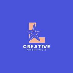 Orange negative space star on letter L logo ini blue background