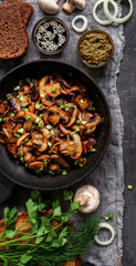 Roasted mushrooms with onion in frying pan on a dark background. Top view. Food banner