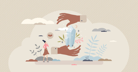 Spiritual practice with holistic esoteric crystal scene tiny person concept. Alternative pseudo medicine and future prediction with witchcraft methods vector illustration. Magic experience training.