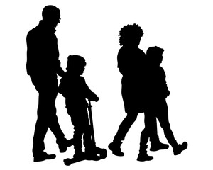 Families with little child walking on street. Isolated silhouettes of people on white background