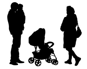 Families with little child walking on street. Isolated silhouettes of people on white background