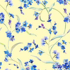 Watercolor forget me not flowers seamless pattern. Watercolor blue flowers, boho meadow flowers background, Wild floral seamless texture for apparel, wallpaper, wrapping paper, nursery. Small scale 