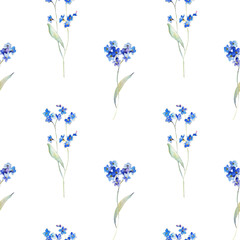 Obraz na płótnie Canvas Watercolor forget me not flowers seamless pattern. Watercolor blue flowers, boho meadow flowers background, Wild floral seamless texture for apparel, wallpaper, wrapping paper, nursery. Small scale 