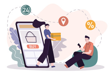 Courier delivers package to client. Male character ordered different products in e-store