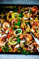 Spanish  seafood paella a in a oven .top view
