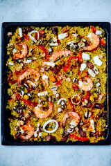 Spanish  seafood paella a in a oven .top view