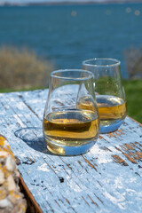 Tasting of single malt Scotch whisky with blue sea, ocean or river view, private whisky tours in Scotland, UK