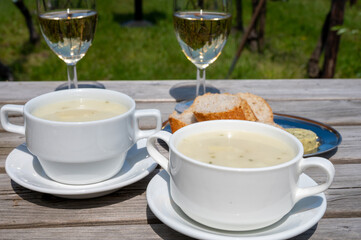 Lunch with homemade white asparagus soup and Dutch white wine served outdoor on green meadow with vineyard, asparagus and wine production farm in Netherlands