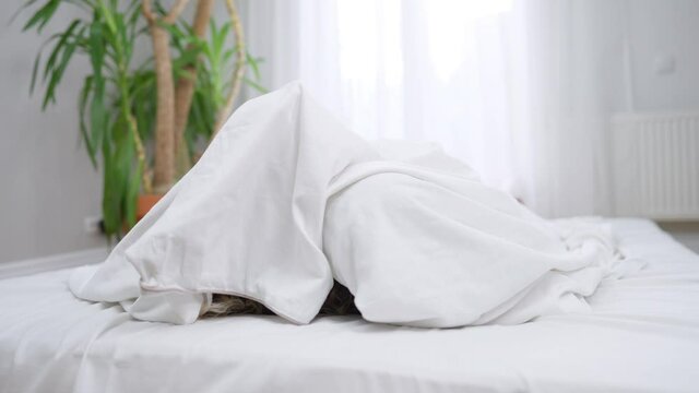 Laughing interracial millennial couple hiding under white blanket cuddling. Happy loving Caucasian woman and African American man having fun in the morning in bedroom. Love concept
