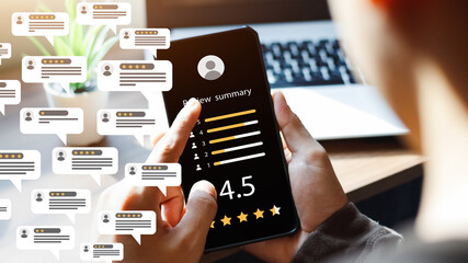 Consumer reviews concepts. Online surveys via smartphones. people review comments. rating or...