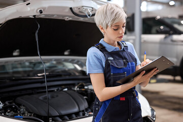 young caucasian woman worker in uniform with clipboard and pen writing over auto repair shop on...