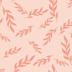 Floral seamless pattern with random herbal leaves twig shapes. Pink palette backdrop. Doodle print.