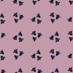 Navy blue botanic bellflowers shapes seamless doodle pattern. Light purple background. Simple style.
