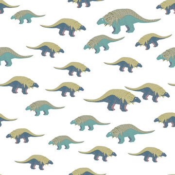 Isolated random ancient seamless pattern with blue and grey colored ankylosaurs print. White backround.