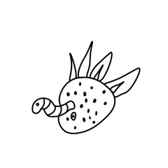 One vector wormy strawberry for halloween.Simple illustration of black line elements hand drawn in doodle style on white isolated background.Design for greeting cards, web, social media, packages.