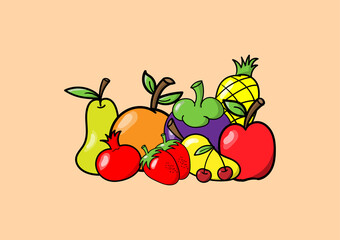 Healthy food concept. Variety of fruit (orange, apple, strawberry, pomegranate, pear, cherry, and mangosteen) on orange background. High vitamin and fiber.