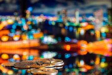 Bitcoin gold on blure background. cryptocurrency market. New stock trading.