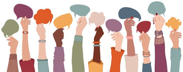 Arms and hands holding speech bubble. Agreement or affair between a group of multiethnic colleagues or collaborators. Diversity People who sharing information. Co-workers. Community - obrazy, fototapety, plakaty