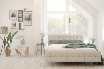 Soft color bedroom interior. Scandinavian design. 3D illustration