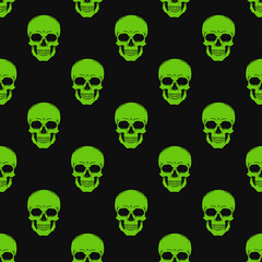 Skull green color vector seamless pattern on a black background, print.
