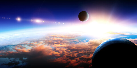 Abstract planets and space background . Mixed media