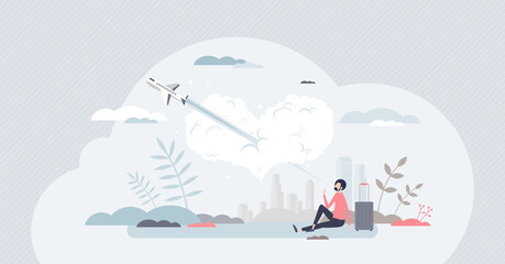 Fototapeta na wymiar Travel passion or hobby as plane fly through heart shaped cloud tiny person concept. Vacation journey trip using aviation transportation vector illustration. Love for airlines, airplanes and freedom.