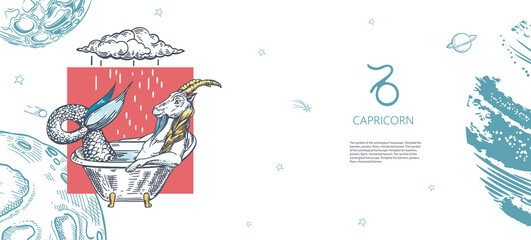 Capricorn zodiac sign. Capricorn is sitting in the bath. Cloud and rain.The symbol of the astrological horoscope.