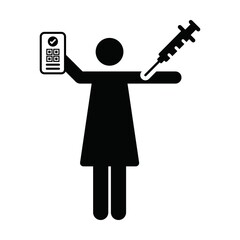 Digital vaccine passport icon vector with female pictogram symbol for medical and healthcare covid certificate in a glyph illustration