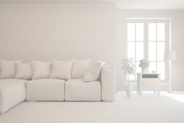 White minimalist living room with sofa. Scandinavian interior design. 3D illustration