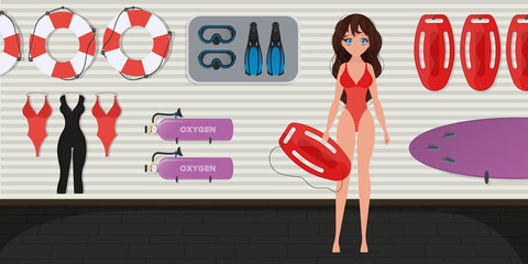 A girl in a red swimsuit holds a life board. Lifeguard woman in the lifeguard room. Cartoon style.