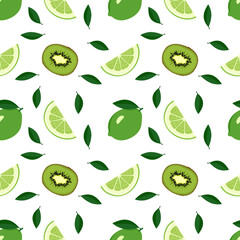 Cute seamless summer citrus and kiwi pattern on a white background. Print with whole lime, wedges and leaves. A set of fruits for a healthy lifestyle