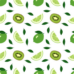 Cute seamless summer citrus and kiwi pattern on a white background. Print with whole lime, wedges and leaves. A set of fruits for a healthy lifestyle