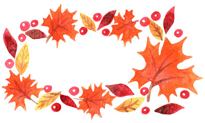 Colorful autumn leaves with red berry and maple leaf frame watercolor hand painting for decoration on Autumn season and Thanksgiving festival