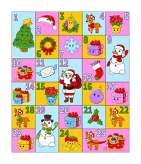 Christmas advent calendar with cute characters. Santa claus, deer, snowman, fir tree, snowflake, gift, bauble, sock. Cartoon style. With numbers 1 to 25. Vector illustration. Holiday preparation.