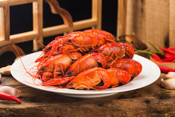 Crayfish. Red boiled crawfishes on table in rustic style,  Lobster closeup.