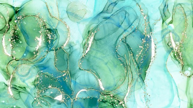 Alcohol ink abstract background with teal accent, dry liquid texture with gold design elements, hand painted art, graphic for wallpapers and printed materials
