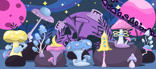 Vector magic mushrooms. Space cartoon mushrooms. Vivid illustrations of space with flying saucers, planets and stars. Square rectangular composition. Banner, advertisement, poster.