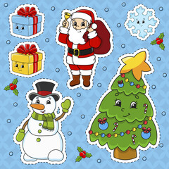 Set of stickers with cute cartoon characters. Christmas theme. Hand drawn. Colorful pack. Vector illustration. Patch badges collection. Label design elements. For daily planner, diary, organizer.