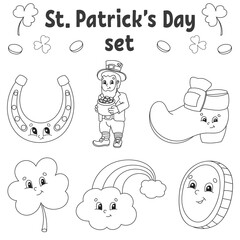 Coloring book for kids. St. Patrick's Day. Cheerful characters. Vector illustration. Cute cartoon style. Black contour silhouette. Isolated on white background.