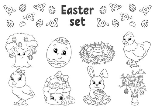 Coloring book for kids. Easter clipart. Cheerful characters. Vector illustration. Cute cartoon style. Black contour silhouette. Isolated on white background.