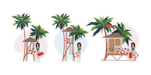 Woman near lifeguard. Set of beach lifeguard girls in swimsuit. For banners. Isolated. Vector illustration