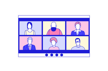 Videoconference concept. Multinational and different ages people talk via video link. Colleagues and friends communicate remotely. Fashion line vector illustration