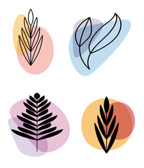 Set of abstract plants.Silhouette.Collection hand drawn, botanical and healing isolated plants.Herbs design template.Twigs and leaves with abstract colorful forms