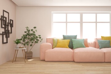 White living room with sofa. Scandinavian interior design. 3D illustration