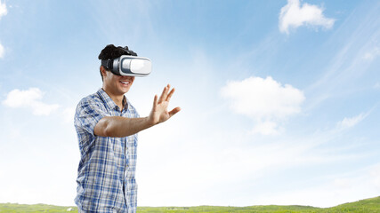 Man wearing virtual reality goggles