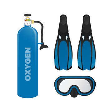 Mask, fins and oxygen tank. Swimming set. Swimming air cylinders. Vector.