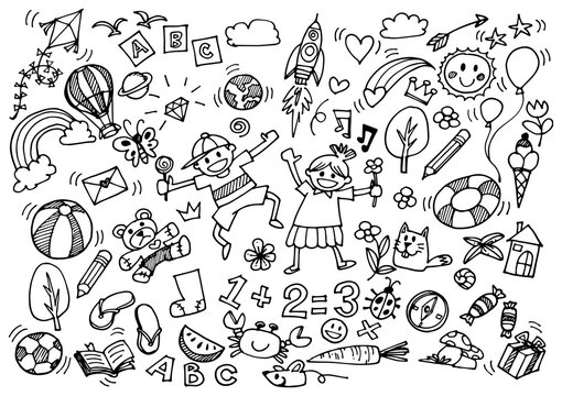Vector illustration of Doodle cute for kid, Hand drawn set of cute doodles for decoration on white background,Funny Doodle Hand Drawn,Page for coloring.
