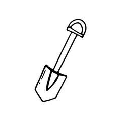 Doodle shovel. Isolated on white background drawing for prints, poster, cute stationery, travel design. Hand-drawn vector. Camping