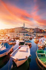 Cozy and quiet town of Rovinj with beautiful colorful houses on the Istrian peninsula, Adriatic sea at sunset