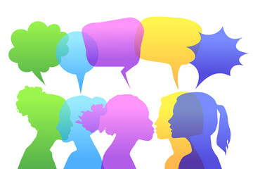 Multiethnic women with different thoughts bubbles, vector illustration. Female faces of diverse cultures in propfile think and communicate